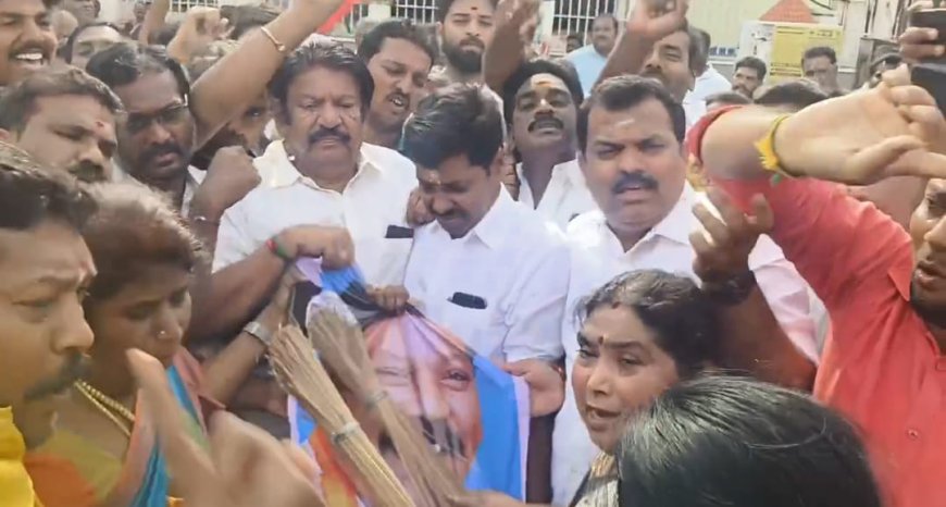 செல்வப் பெருந்தகை இனி செல்லா பெருந்தகை : மாவட்ட செயலாளர் சீனிவாசன் தலைமையில் அதிமுகவினர் கண்டன கோஷம்