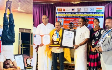 தொடர்ச்சியாக 5 மணிநேரம் 5 நிமிடங்கள் தலைகீழாக சிரசாசன நிலையில் நின்று சோழன் உலக சாதனை படைத்த 61வயது முதியவர் குகனந்தராசா