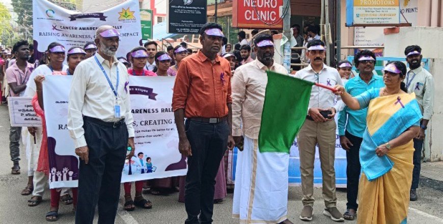 திருச்சி குளோபல் கனெக்ட் நிறுவனம் மற்றும் ஹர்ஷமித்ரா மருத்துவமனை இணைந்து நடத்திய புற்றுநோய் விழிப்புணர்வு பேரணி