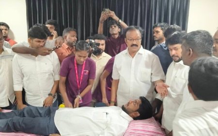 திருச்சியில்  முதல்வர் விஜய் பிறந்தநாளையொட்டி ஆர்.கே.ராஜா ஏற்பாட்டில் ரத்ததான நிகழ்ச்சி : அமைச்சர் ரமேஷ் தொடங்கி வைத்து ரத்ததானம் செய்தார்