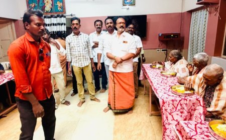 முதலமைச்சர் விஜய் அமைச்சர் ஆனந்த் ஆகியோரின் பிறந்த நாளை முன்னிட்டு முதியோர்  இல்லத்தில் ஆர் கே ராஜா தலைமையில் உணவு வழங்கல்