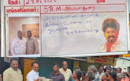 தவெக தலைவரும், தமிழக முதலமைச்சருமான ஜோசப் விஜய், பொதுச் செயலாளரரும், அமைச்சருமான ஆனந்த் ஆகியோரின் பிறந்தநாளை முன்னிட்டு மாபெரும் அன்னதானம் : ஆர்கே ராஜா தொடங்கி வைத்தார்