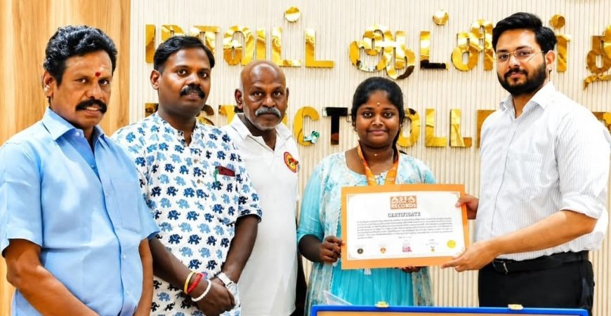 என் வாக்கு என் உரிமை விழிப்புணர்வு சிலம்ப பேரணி : உலக சாதனை படைத்த திருச்சி மாணவி சுகித்தாவுக்கு மாவட்ட ஆட்சியர் பாராட்டு