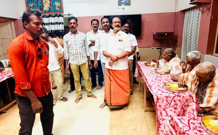 முதலமைச்சர் விஜய் அமைச்சர் ஆனந்த் ஆகியோரின் பிறந்த நாளை முன்னிட்டு முதியோர்  இல்லத்தில் ஆர் கே ராஜா தலைமையில் உணவு வழங்கல்