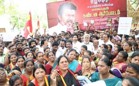 உதயநிதி ஸ்டாலினை கண்டித்து தமிழக வெற்றிக் கழகத்தினர் ஆர்ப்பாட்டம் : திரளான நிர்வாகிகள், தொண்டர்கள் பங்கேற்பு