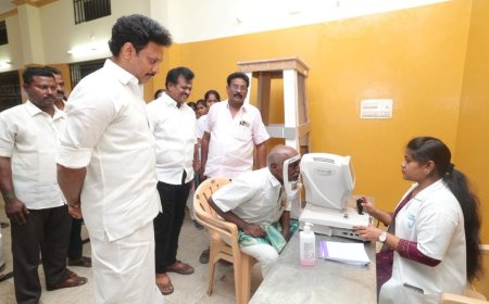 கலைஞரின் 8-ஆம் ஆண்டு நினைவுநாளை முன்னிட்டு  மாபெரும் இலவச பொது மற்றும் கண் மருத்துவ முகாம் : முன்னாள் அமைச்சர் அன்பில் மகேஷ் பொய்யாமொழி தொடங்கி வைத்தார்