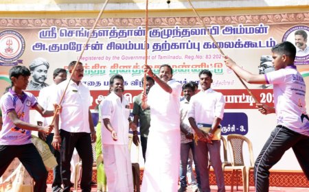 செங்குளத்தான் குழந்தலாயி அம்மன் அ.குமரேசன் சிலம்பம் தற்காப்பு கலைக்கூடம் சார்பில் திருச்சியில் 6வது மாநில அளவிலான சிலம்பம் போட்டி : முன்னாள் அமைச்சர் கே என் நேரு தொடங்கி வைத்தார்